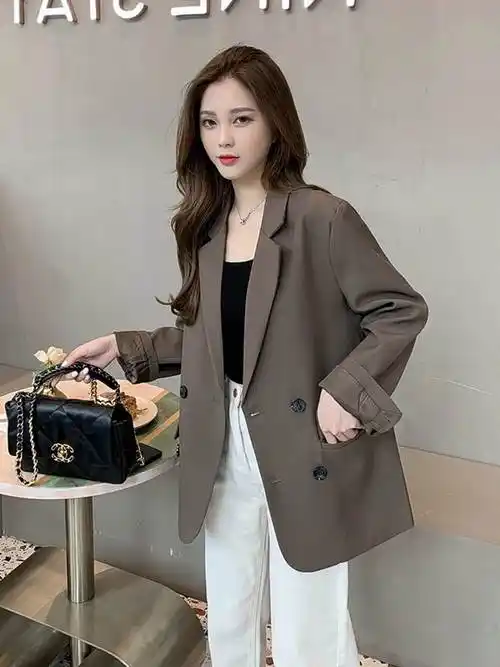 春秋季高级感炸街西装外套女韩版休闲宽松气质显瘦咖色小西服上衣