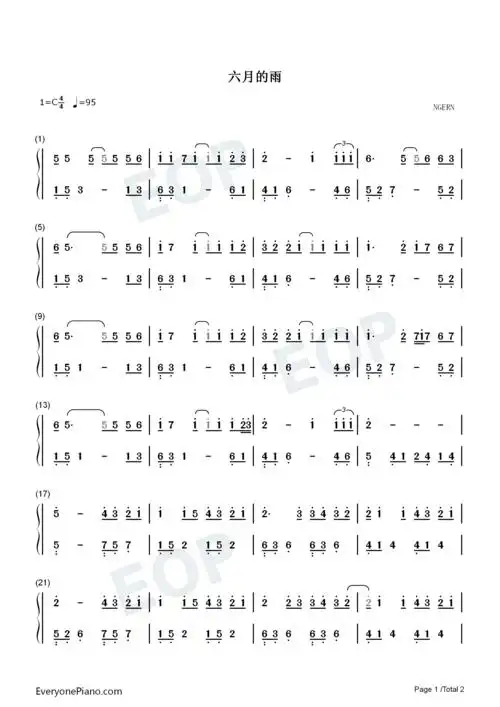 六月的雨-c调简单版双手简谱预览1