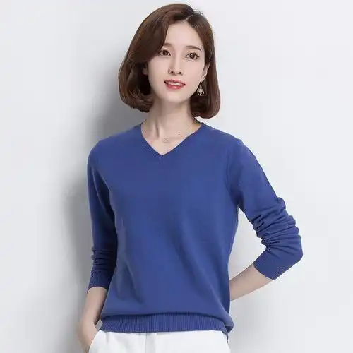 恒源祥羊毛衫女v领2019秋冬新款套头针织衫百搭修身打底毛衣女