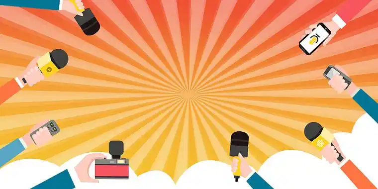 橙色卡通简约渐变射线记者话筒采访展板背景中国记者日背景