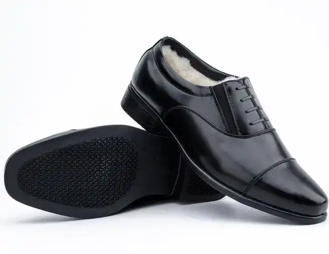 07b毛皮鞋三接头皮鞋校尉常服皮鞋冬加绒军黑色男免系鞋低腰训练