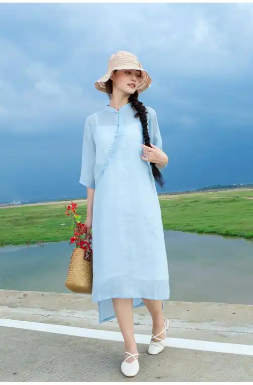 苎麻连衣裙_苎麻女装2018夏季新款服民国风纯色复古旗袍盘扣裙子批发