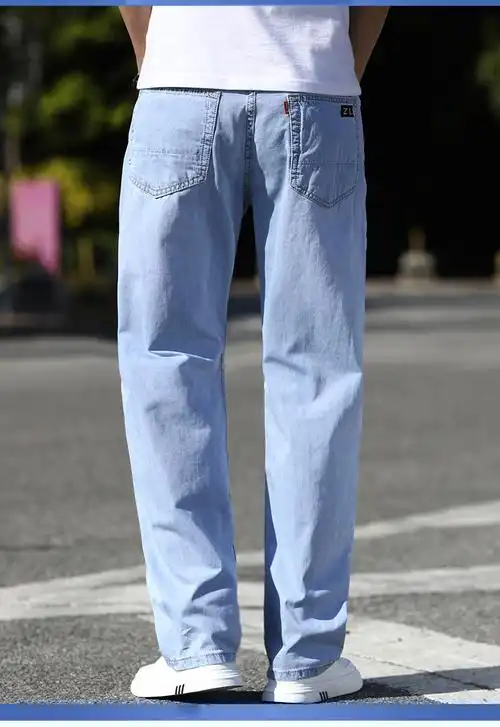 春季浅色牛仔裤男宽松直筒阔腿加肥加大高端男裤子 浅蓝色 30【图片
