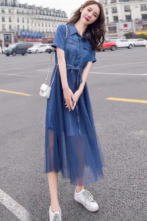 牛仔裙连衣2021年新款女夏温柔风收腰显法式网纱连衣裙