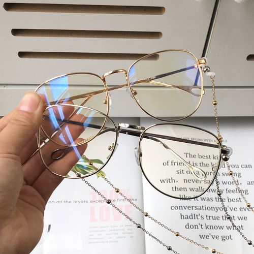 网红眼镜带链条平光复古眼镜眼睛框男全框潮韩版大框显瘦女金丝边