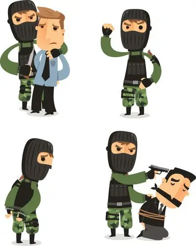 分子带着面具枪和伪装服-用恐怖分子在四种不同情况下矢量插画卡通