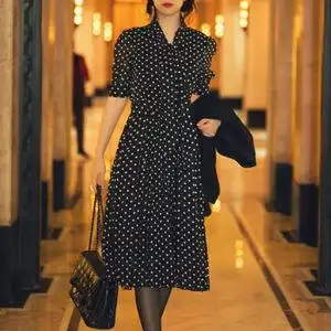 三木呢同款法式维多利亚复古连衣裙夏系带灯笼袖黑色波点长裙女潮