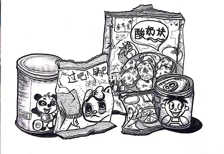 少儿创意美术  #黑白线描  #零食袋写生