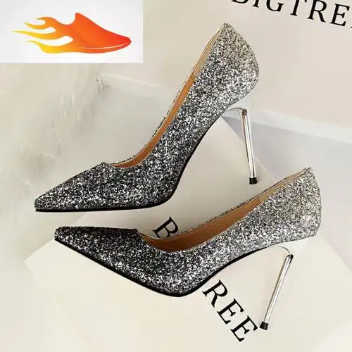 欧美风浅口尖头性感显瘦夜店拼色渐变亮片单鞋宴会女鞋婚鞋高跟鞋