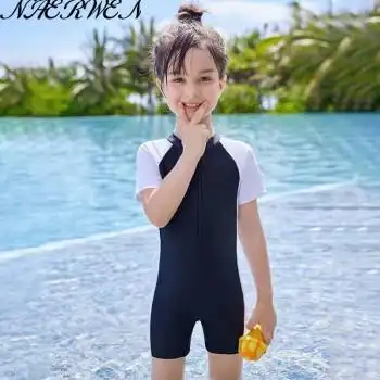 女童泳衣游泳运动保守学生小中大童儿童两穿式泳衣女孩黑白平角裤4xl