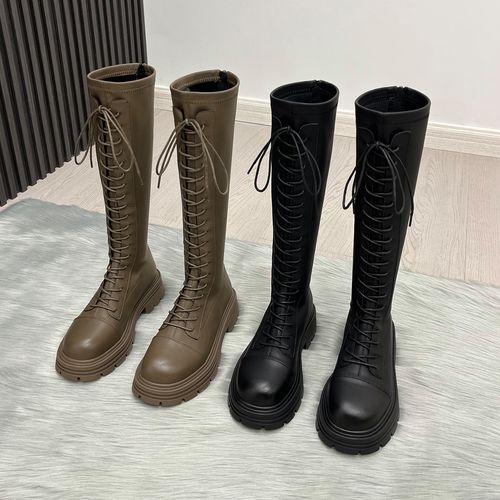 丹行道小个子厚底绑带长筒靴女2022年新款卡其色粗腿高筒骑士靴子