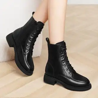 平底马丁靴女英伦风女士皮鞋黑色皮靴马丁鞋中跟粗跟女靴子黑色561237