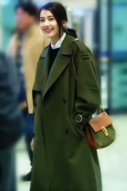 2016春夏新款张辛苑宋佳杨幂袁姗姗明星同款军绿色中长款风衣女