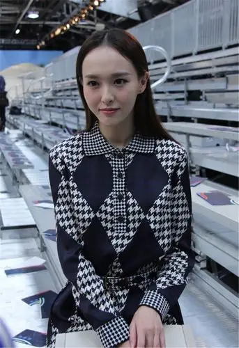 唐嫣明星同款纽约时装周优雅拼色千鸟格钉扣翻领ol女装连衣裙f518