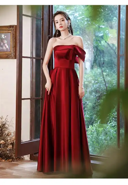 服新娘2022新款红色结婚气质高端高级感抹胸缎面晚礼服裙女夏酒红色xs