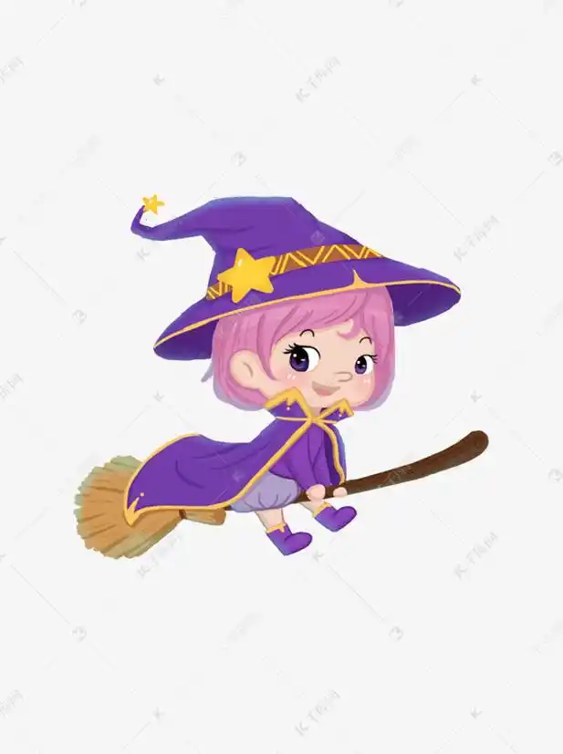 手绘骑着扫帚的魔法师可爱小女巫