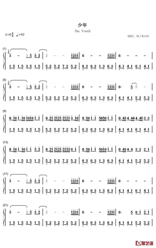 少年钢琴简谱-梦然歌曲-数字双手曲谱-钢琴谱网