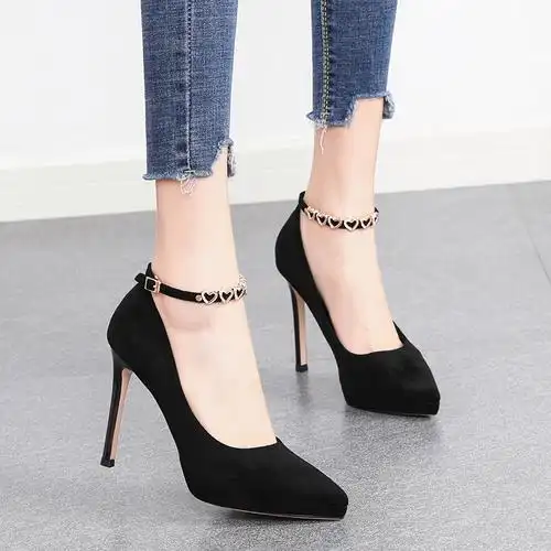 网红水钻一字扣细跟高跟鞋2021年新款10cm防水台尖头浅口单鞋女鞋