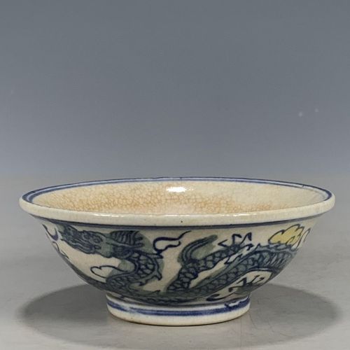 古玩收藏旧货 民国时期满开片青花釉里红龙纹碗 开门老瓷包老全品