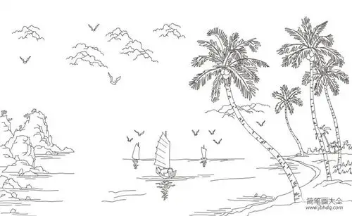 沙滩上的椰子树简笔画图片