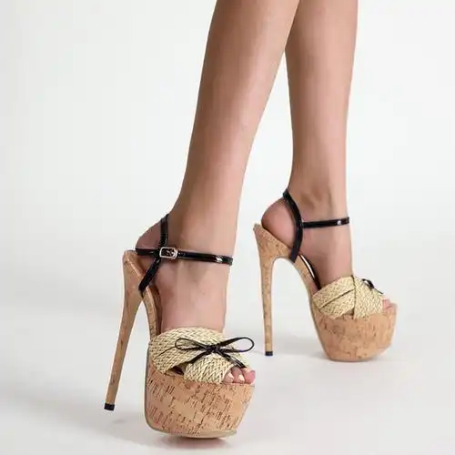 16cm超高跟凉鞋外贸新款意大利编织少女风露趾防水台时尚细跟凉鞋