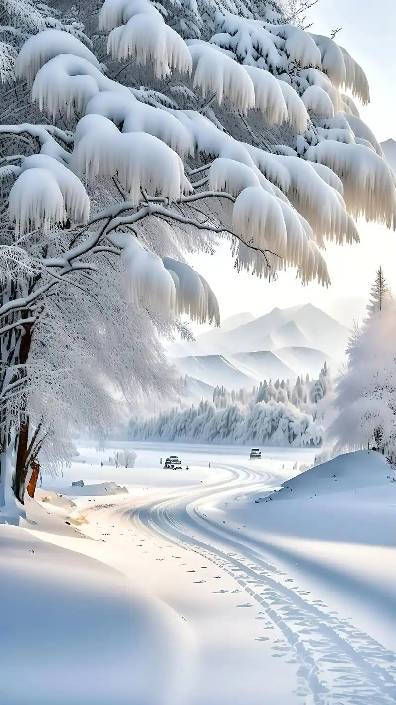 冬天的季节,漫天的大雪,树上盖满了雪,晶莹剔透,两边的路也盖 - 抖音