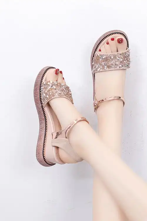 坡跟凉鞋女夏2020新款时尚百搭厚底一字带仙女风水钻高跟凉鞋