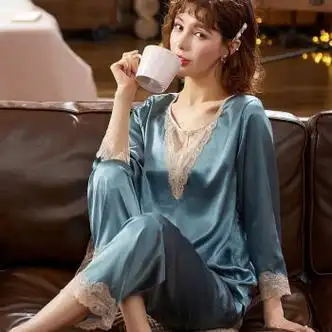 红豆睡衣女冰丝绸长袖春秋夏季仿真丝性感女士薄款大码家居服两件套装