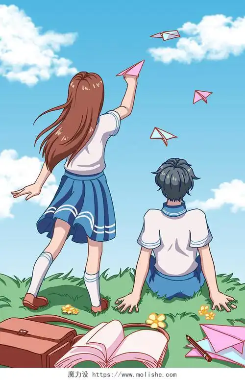 女生男生在草坪上放纸飞机复古青春插画青春时光jpg素材