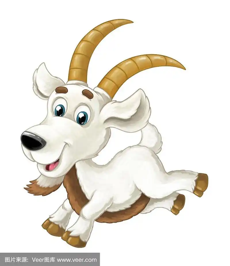 卡通快乐友好的角山羊有乐趣看和微笑