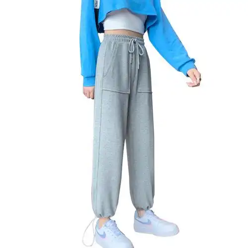 抽绳灯笼裤灰色束脚运动裤女宽松春秋款纯棉小脚百搭休闲韩版卫裤