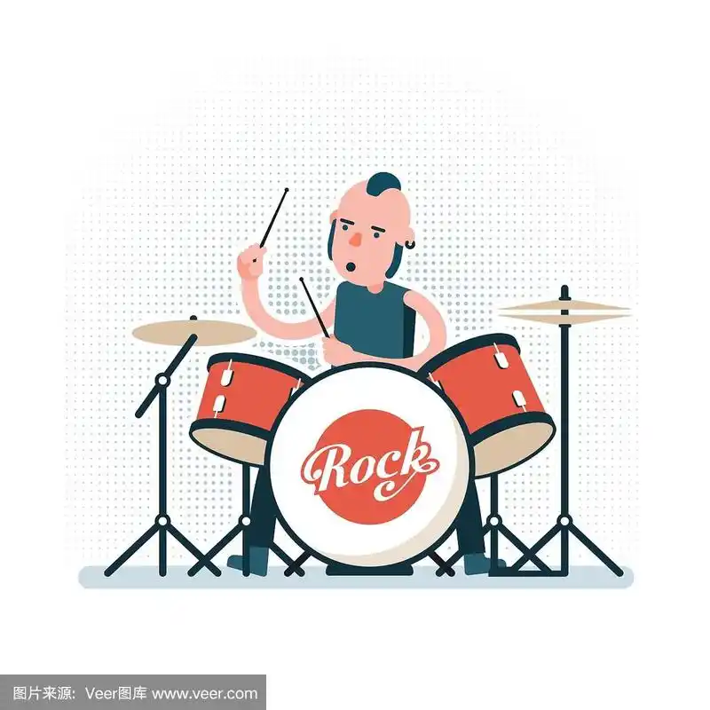 卡通摇滚鼓手在鼓上演奏.平面风格的插图.
