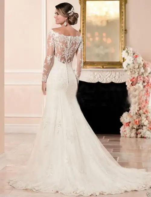 婚纱礼服2018新款性感鱼尾婚纱双肩v领水溶蕾丝婚纱鱼尾拖尾婚纱