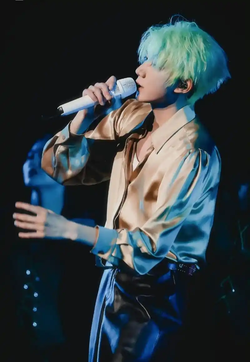 王源演唱会造型,头发特意染成了粉丝的应援色绿色,真是太爱了.