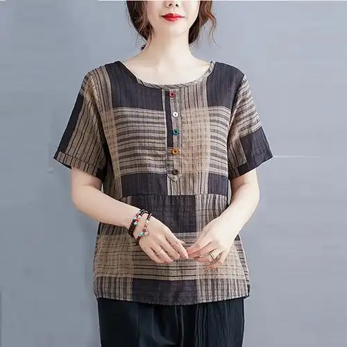 棉麻上衣女士夏装2022新款女装休闲亚麻t恤苎麻中年妈妈宽松小衫