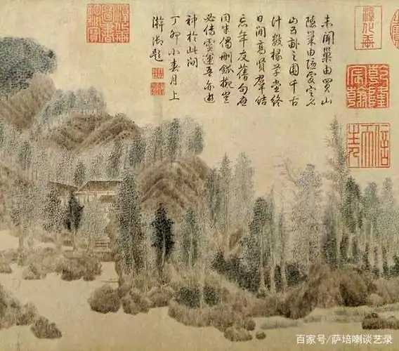 散点透视移步换景,人在画中游,钱选绘山水画手卷《浮玉山居图》