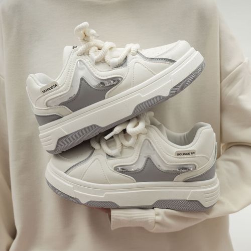 2024春季新款百搭小白鞋学生面包鞋女休闲板鞋厚底运动鞋子 1005白银