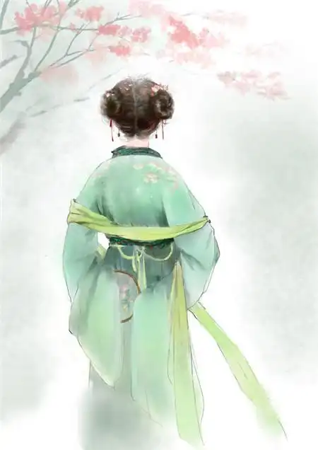古风手绘绿衣女子背影