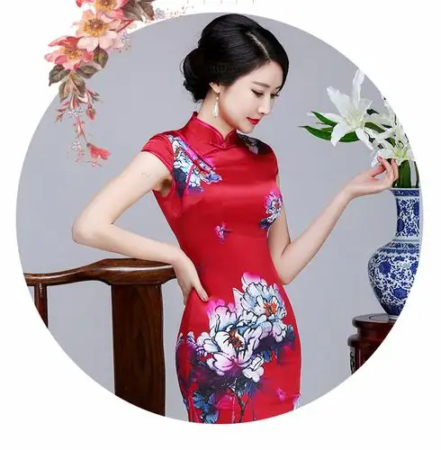 qq622新款红色真丝旗袍短款桑蚕丝旗袍裙