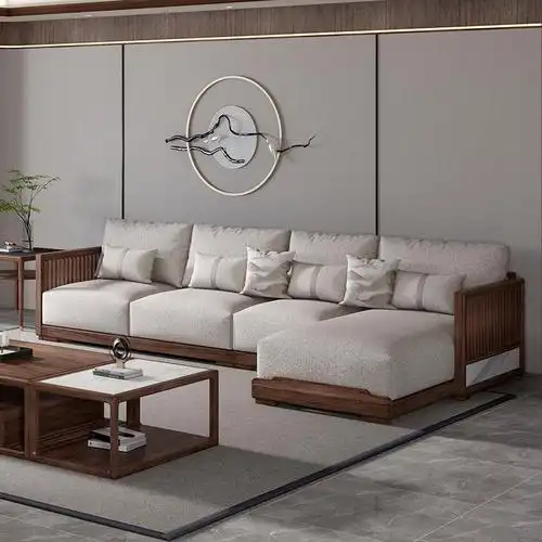 新中式1 2 3转角贵妃现代轻奢胡桃木北美客厅家具沙发实木沙发