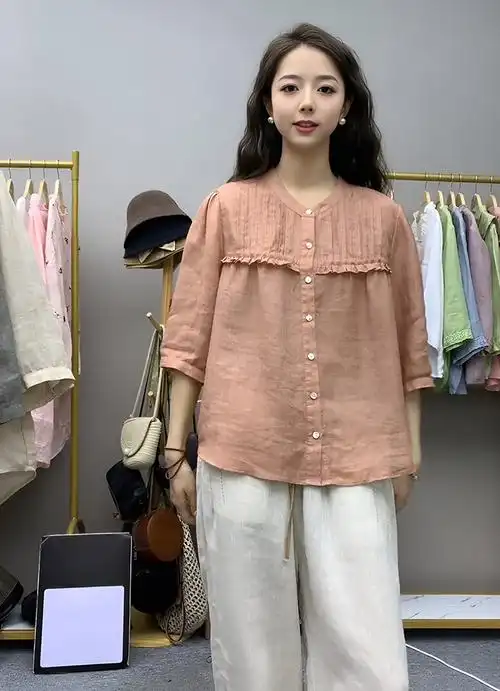 官图 文艺复古纯色苎麻上衣女士夏季七分袖休闲时尚显瘦开衫衬衣 - 17