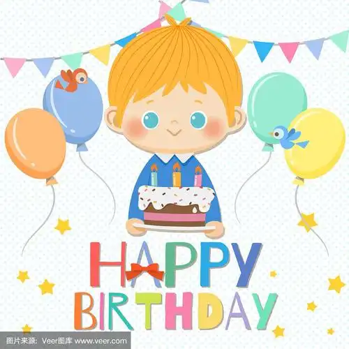 带蛋糕和生日元素的微笑男孩生日贺卡.矢量插图.