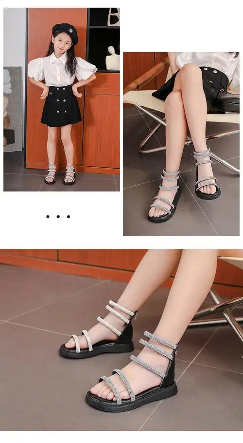 迪士尼4-13岁女童凉鞋2022夏季新款时尚小公主洋气鞋软底儿童罗马鞋