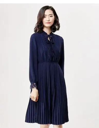 女装春装系带蕾丝拼接中长裙子雪纺百褶连衣裙女 181l0119136 藏蓝色