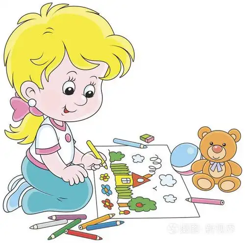 用彩色铅笔画画的小女孩一个有趣的夏天小房子和花朵的图片, 矢量插图