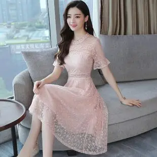 女人夏天雷丝连衣裙中长款蕾丝裙子女夏2018新款夏季收腰显瘦夏装