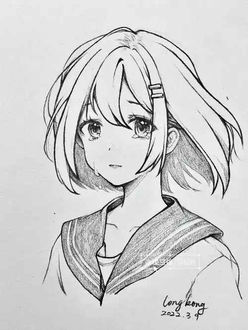 伤心忧郁的手绘动漫画人物头像线稿短发女生