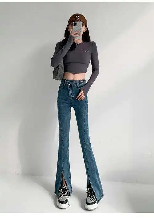 2022春夏超高腰开叉牛仔裤女韩版显高阔腿高个子拖地喇叭裤子_沫可可