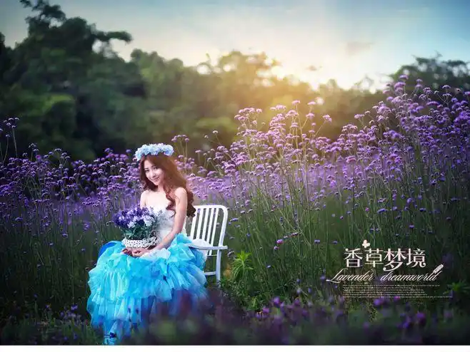 美女梦幻薰衣草花田写真桌面壁纸 1600x1200