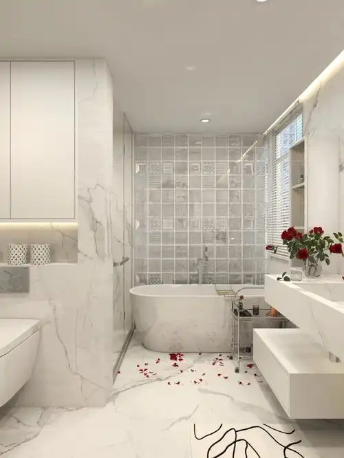 白色大理石轻奢浴室分享✨实现泡澡自由❤️